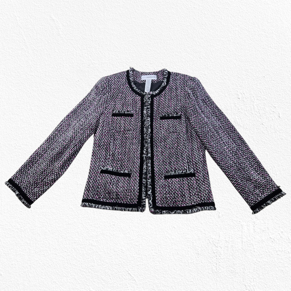 Y2K Sag Harbor Tweed Jacket Black Pink Boucle Fringe Trim Blazer Size 14 - Picture 4 of 11